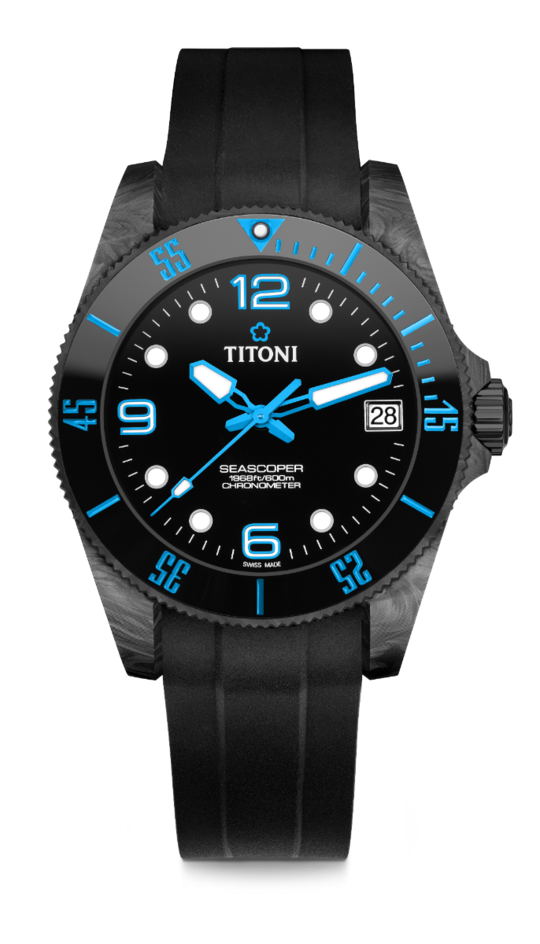 TITONI Seascoper 83600 C-BL-256                                42 mm, Carbon / black ceramic with blue font