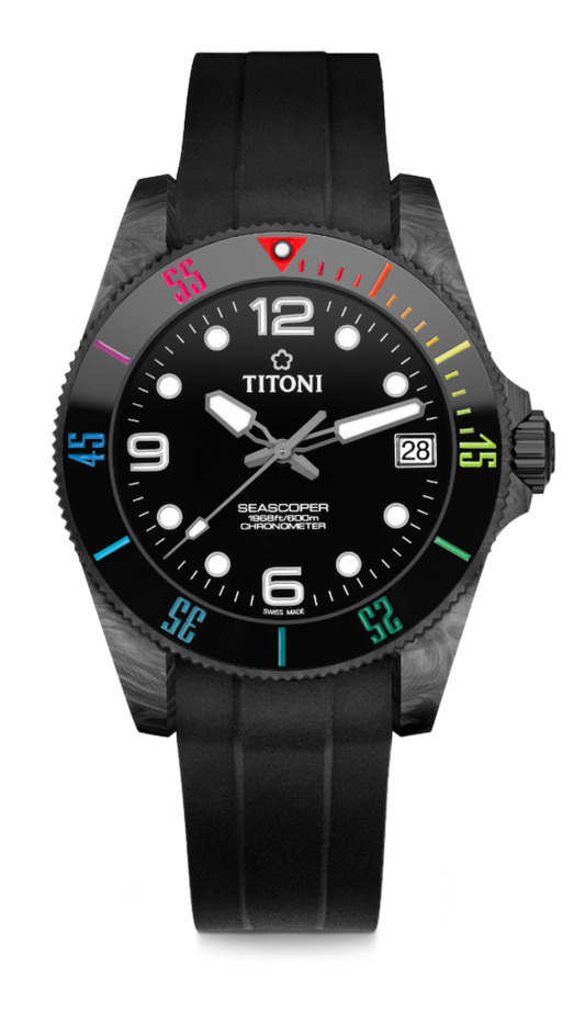 TITONI T-83600 C-RA-256
Seascoper 600
42 mm, Carbon / black ceramic with colorful font